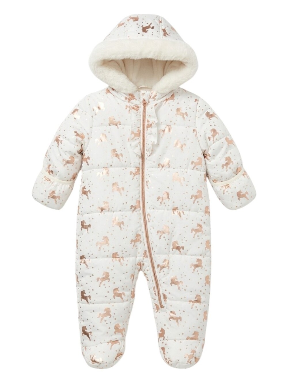 Kensie Girl Kids White Gold Unicorn Puffer Snowsuit Bunting Romper Baby Sz 6 9mo